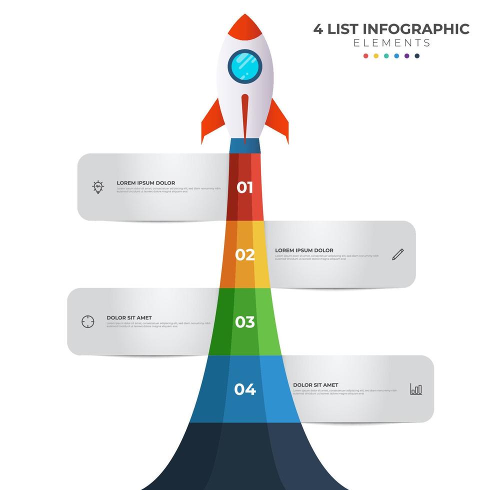 diagrama de lista con 4 puntos numéricos de paso, secuencia, inicio de lanzamiento de cohete colorido, vector de plantilla de elemento infográfico.