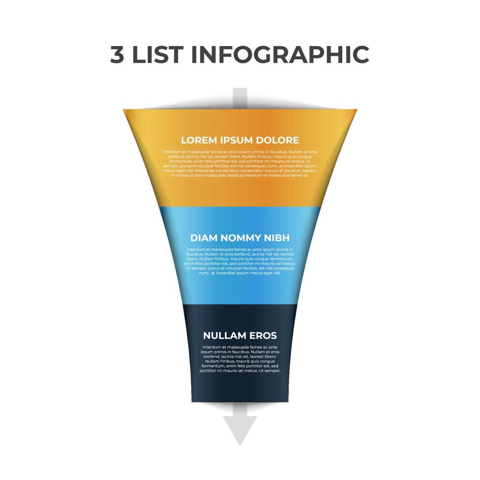 3 puntos, capas, opciones, paso del elemento infográfico de lista con diagrama de gráfico de embudo vector