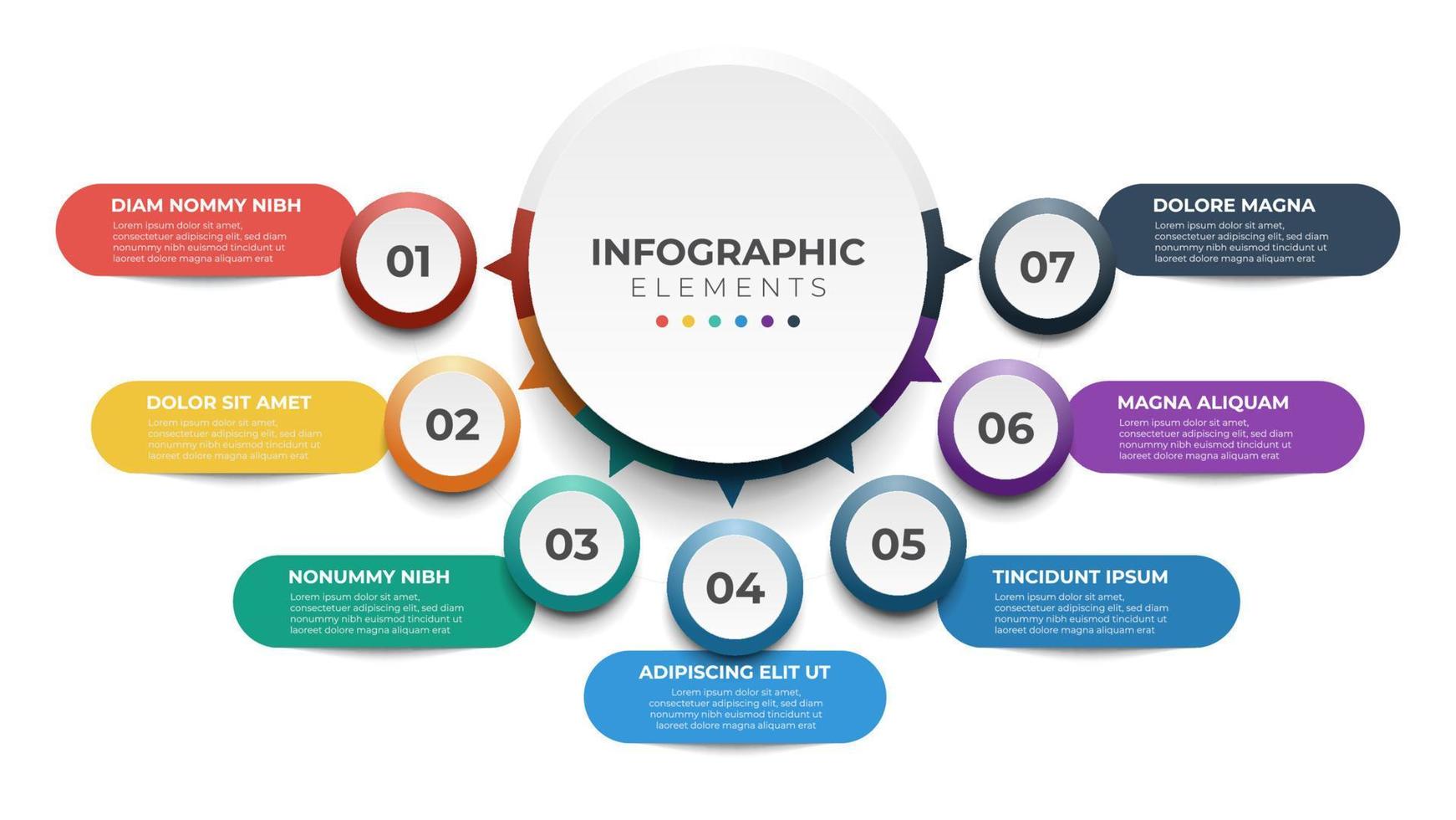 7 list of steps, layout diagram with number of sequence, circular infographic element template vector