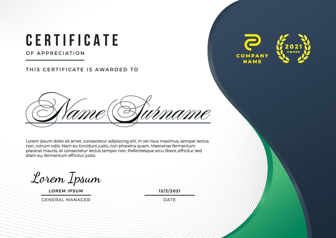 Simple and elegant certificate of appreciation template with deep blue and deep green gradient color, multipurpose design. vector