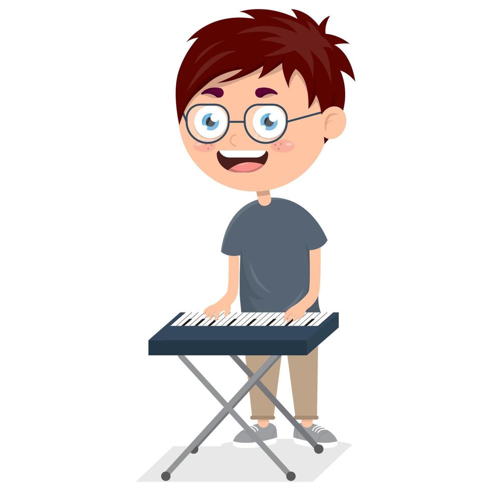 happy boy playing piano, little pianist on music performance, cartoon vector illustration on a white background.