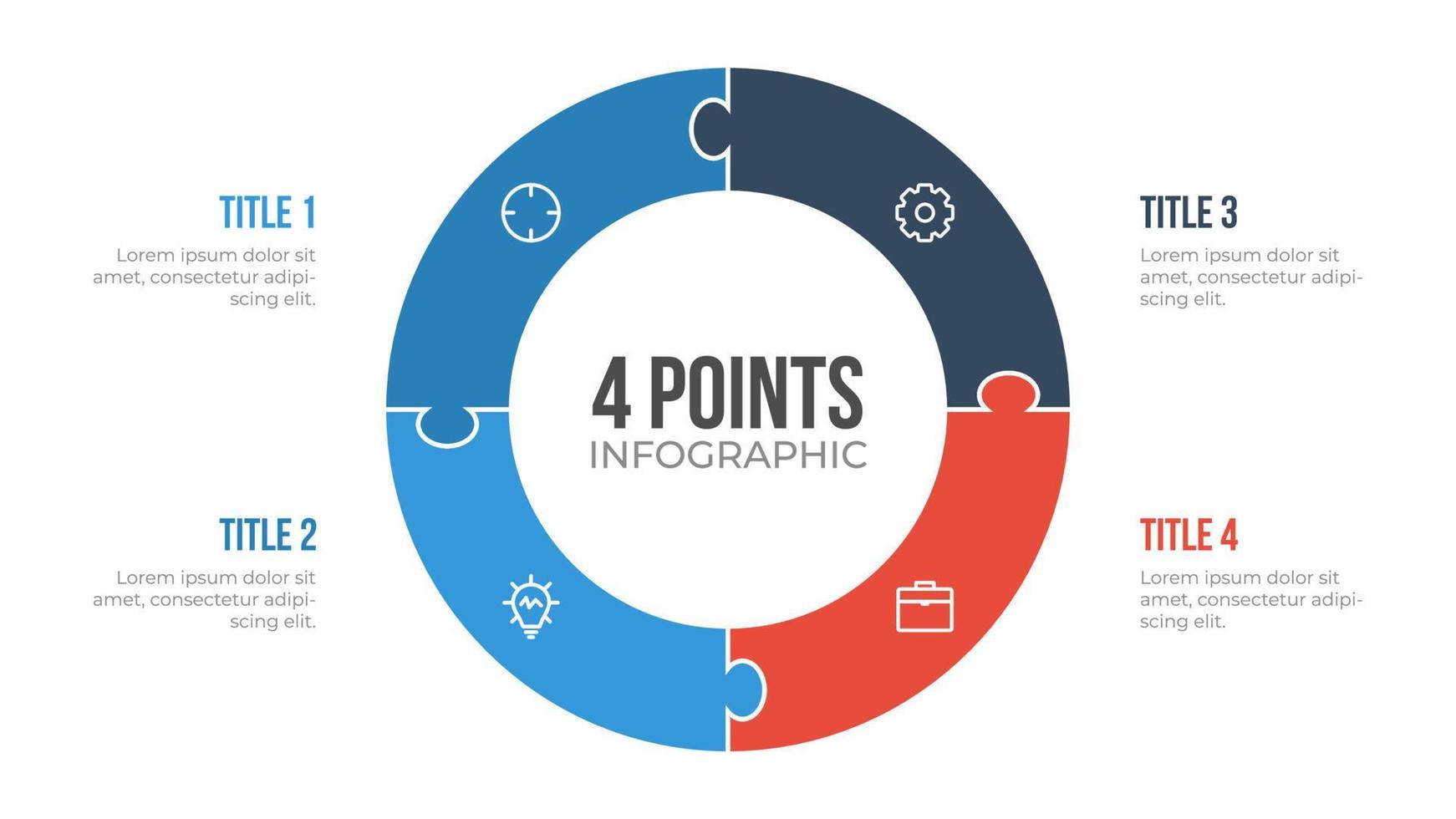 Vector de elemento infográfico de círculo de 4 puntos con rompecabezas, se puede utilizar para flujo de trabajo, pasos, opciones, lista, procesos, diapositiva de presentación, informe, etc.