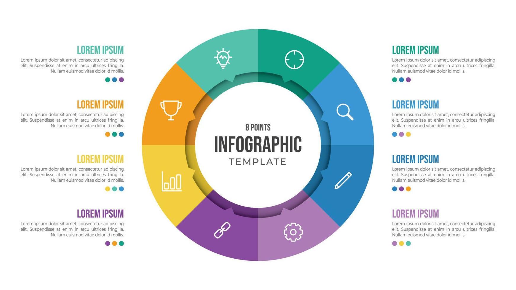 Plantilla de elemento de infografía circular de 8 puntos con iconos y estilo plano colorido, se puede usar para diapositiva de presentación vector