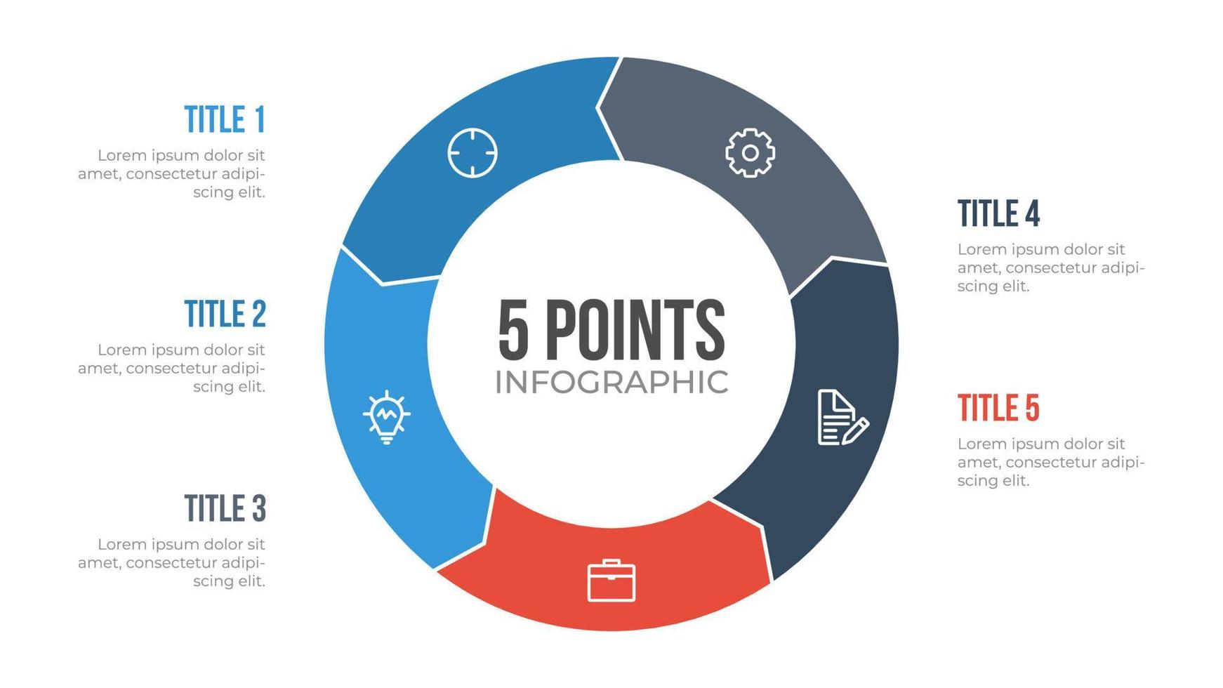 El vector de elemento infográfico de círculo de 5 puntos con flechas se puede utilizar para flujo de trabajo, pasos, opciones, lista, procesos, diapositiva de presentación, informe, etc.