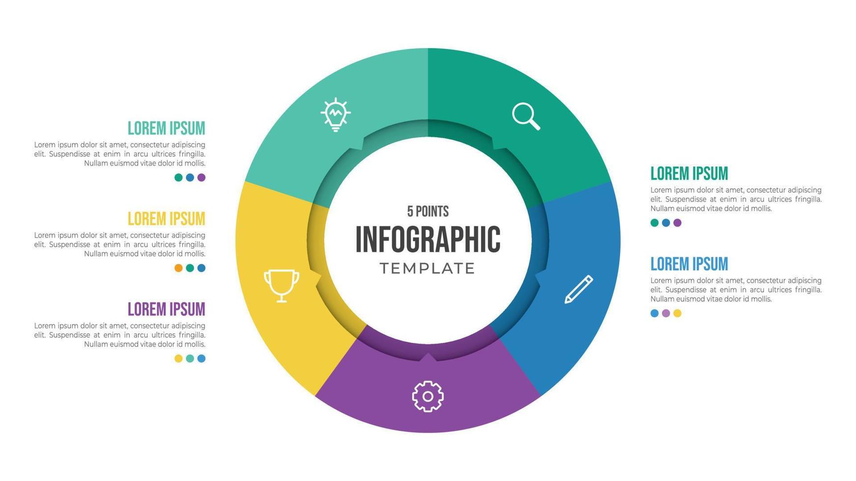 Plantilla de elemento de infografía circular de 5 puntos con iconos y estilo plano colorido, se puede usar para diapositiva de presentación vector