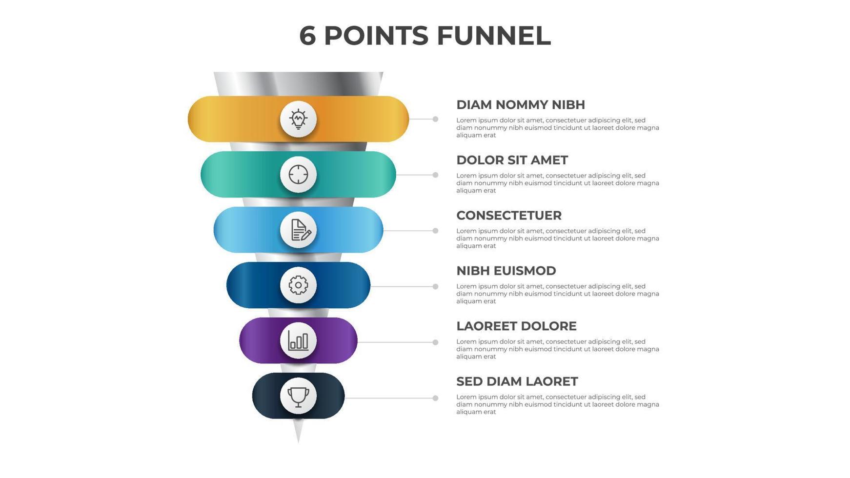 funnel infographic with 6 points, diagram, chart, layout template, can be used for digital marketing, sales, process vector