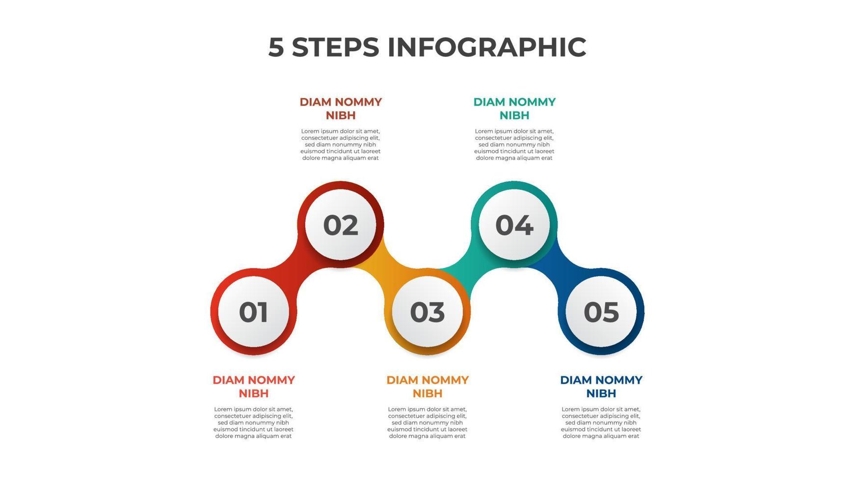 5 puntos de pasos, diagrama de círculo conectado con número de secuencia, vector de plantilla de elemento infográfico