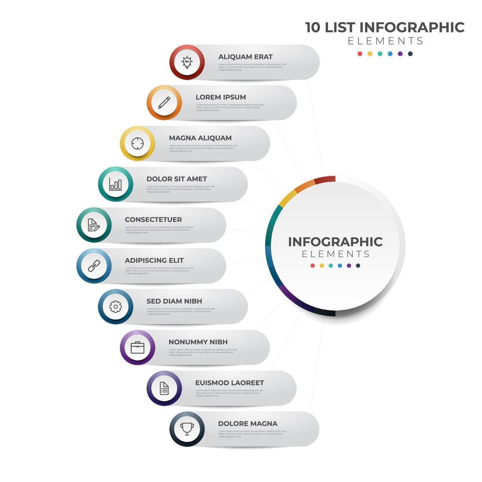 10 puntos de pasos, diagrama de lista circular, vector de plantilla de diseño de elementos infográficos con iconos