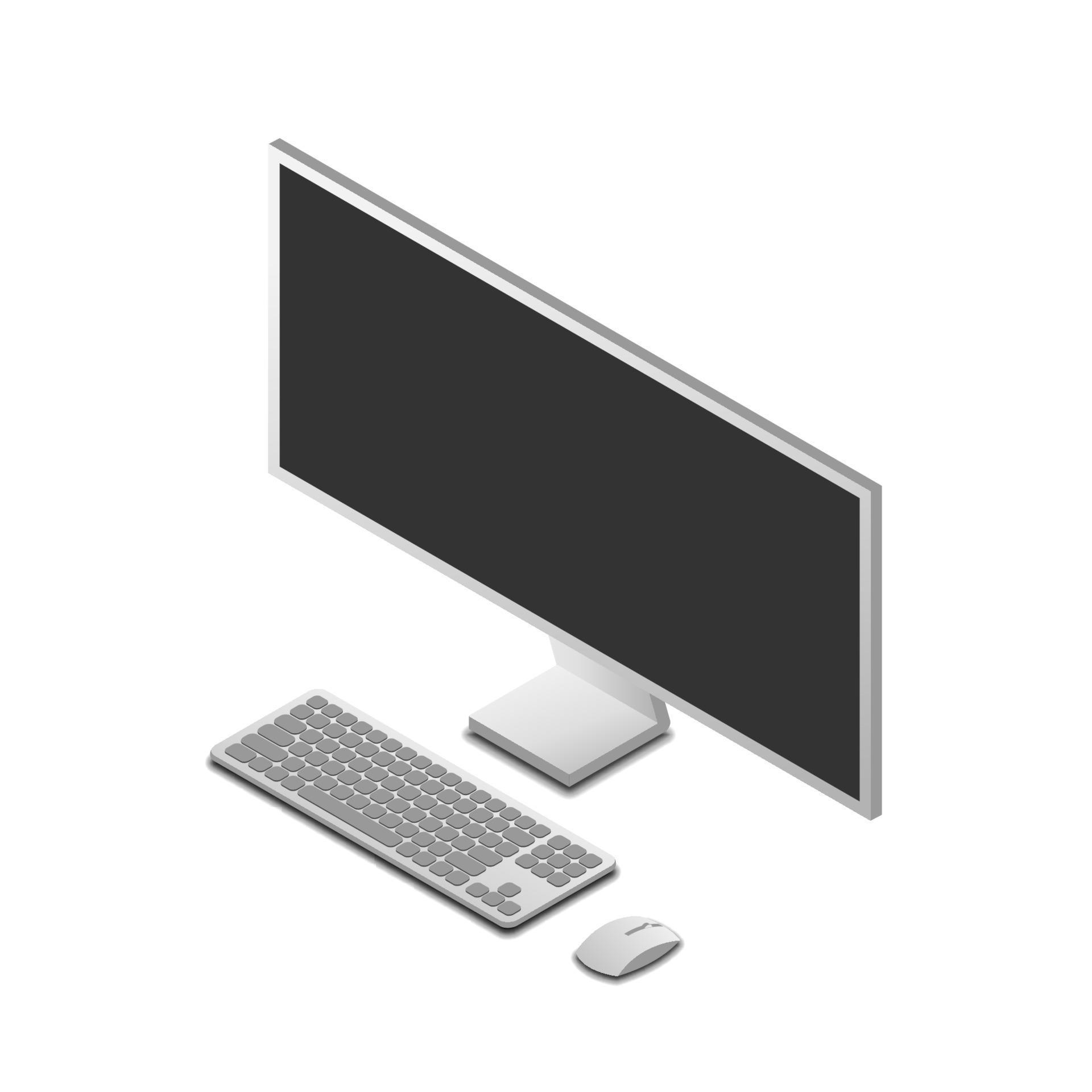 set of pc computer, monitor, keyboard, and mouse in isometric view