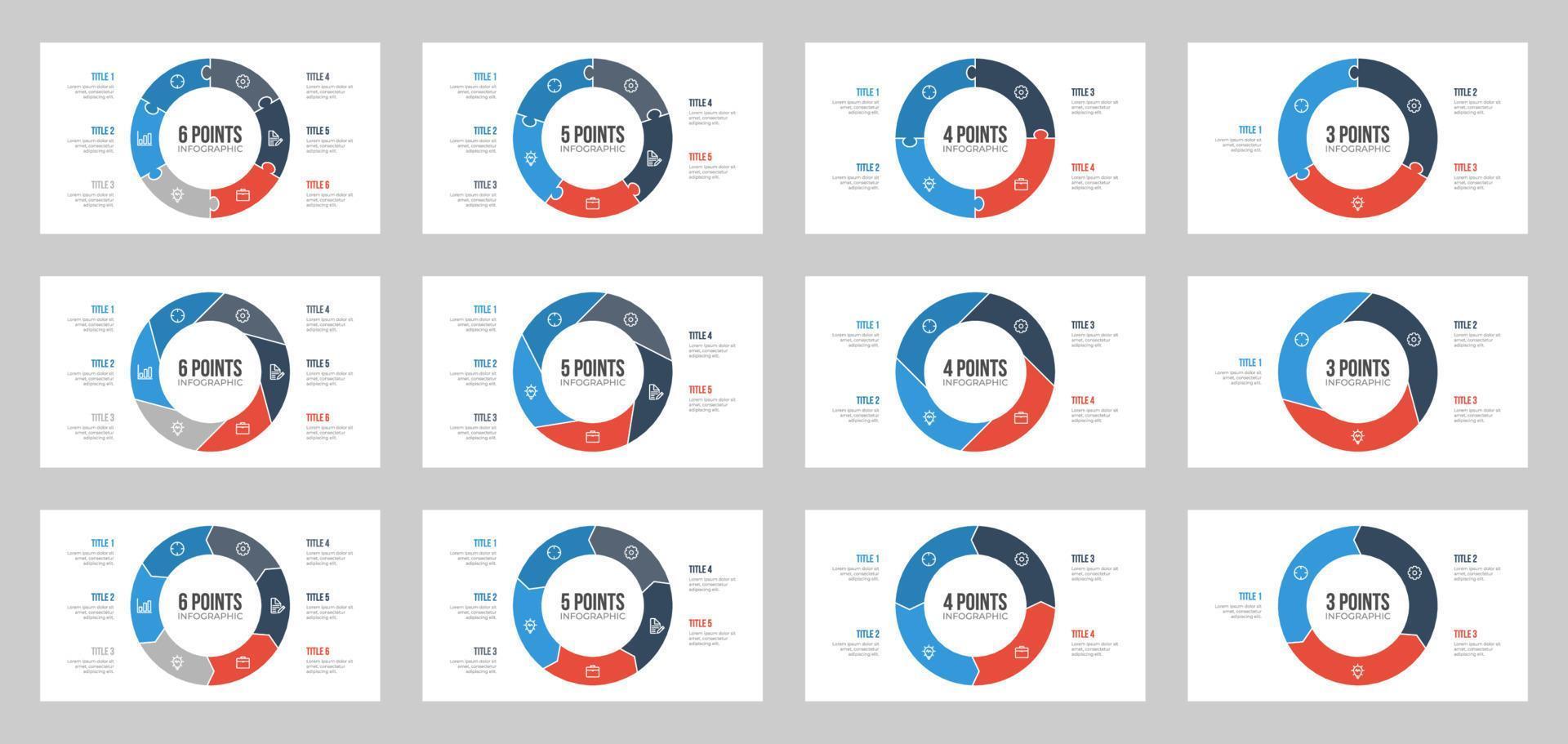 conjunto de vectores de elementos infográficos circulares con 3, 4, 5, 6 puntos, pasos, opciones, lista, procesos, se puede utilizar para flujo de trabajo, informe, diapositiva de presentación, pancarta, folleto, volante, etc.