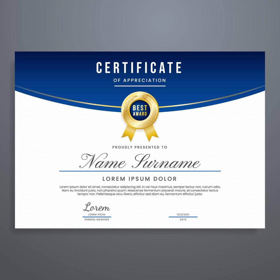 plantilla de diseño de certificado con color azul y dorado, se puede utilizar para reconocimiento, graduación, diploma, evento, asistencia, etc. vector