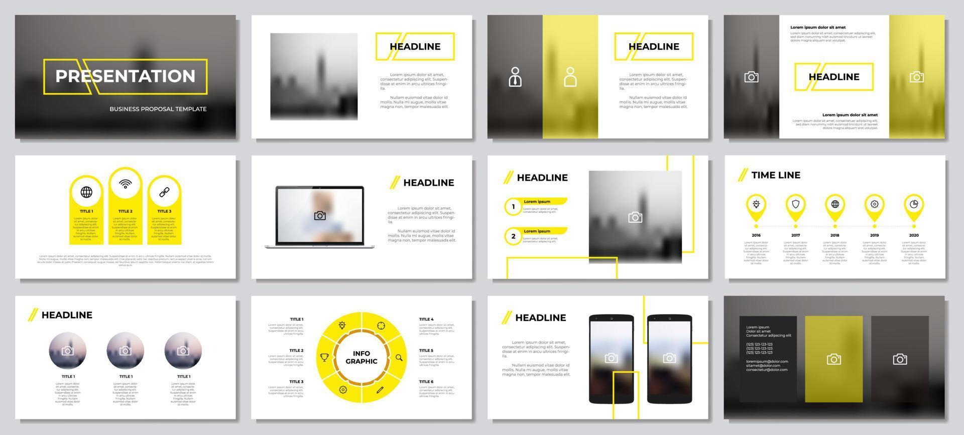 elemento de plantillas de presentación amarillo con fondo blanco. infografía con vector de maqueta de computadora portátil y teléfono inteligente. se puede utilizar para diapositivas de presentación, informes corporativos, negocios, informes anuales.