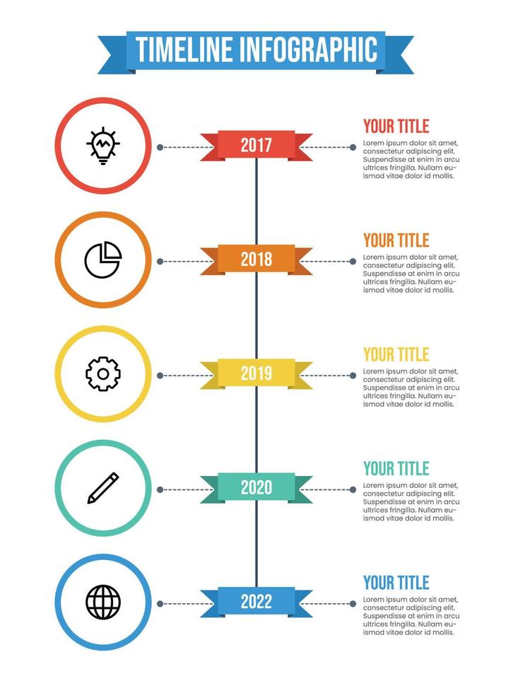 visualización de datos, vector de plantilla de infografía de línea de tiempo vertical con 5 puntos de años, títulos, descripciones e iconos. plantilla de hitos de la empresa comercial. reporte anual.