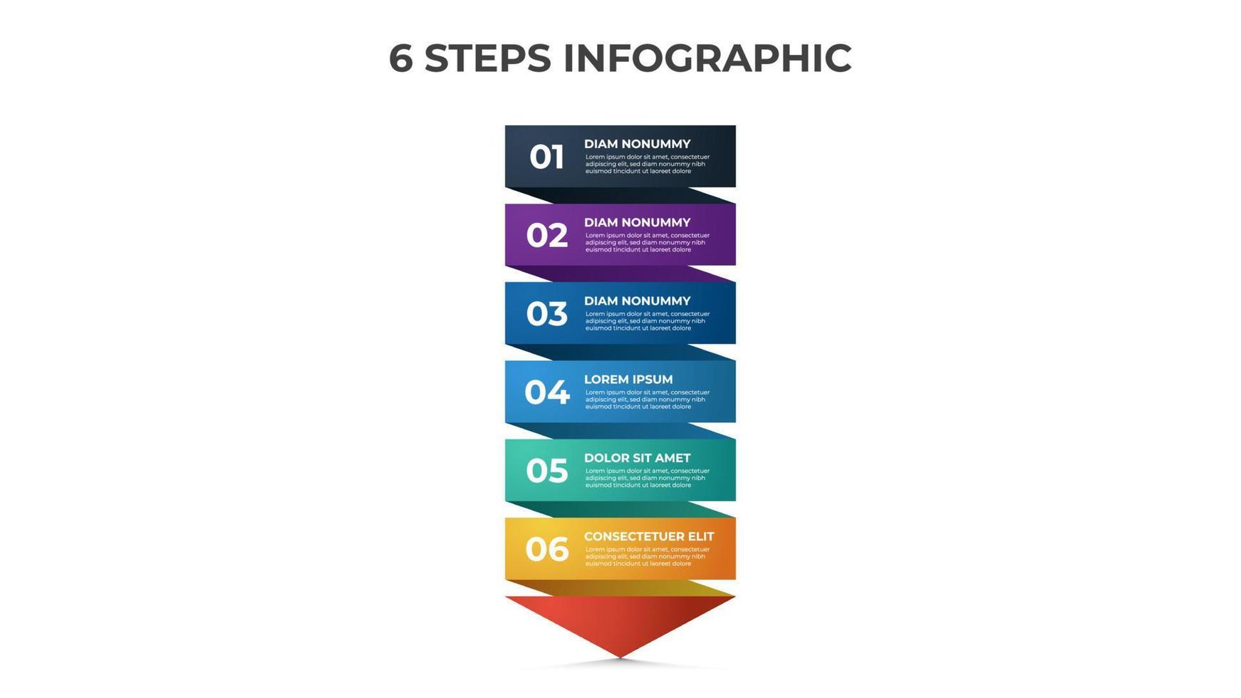 Vector de plantilla infográfica de 6 puntos de pasos, diseño de diagrama de lista de flechas para presentación, etc.