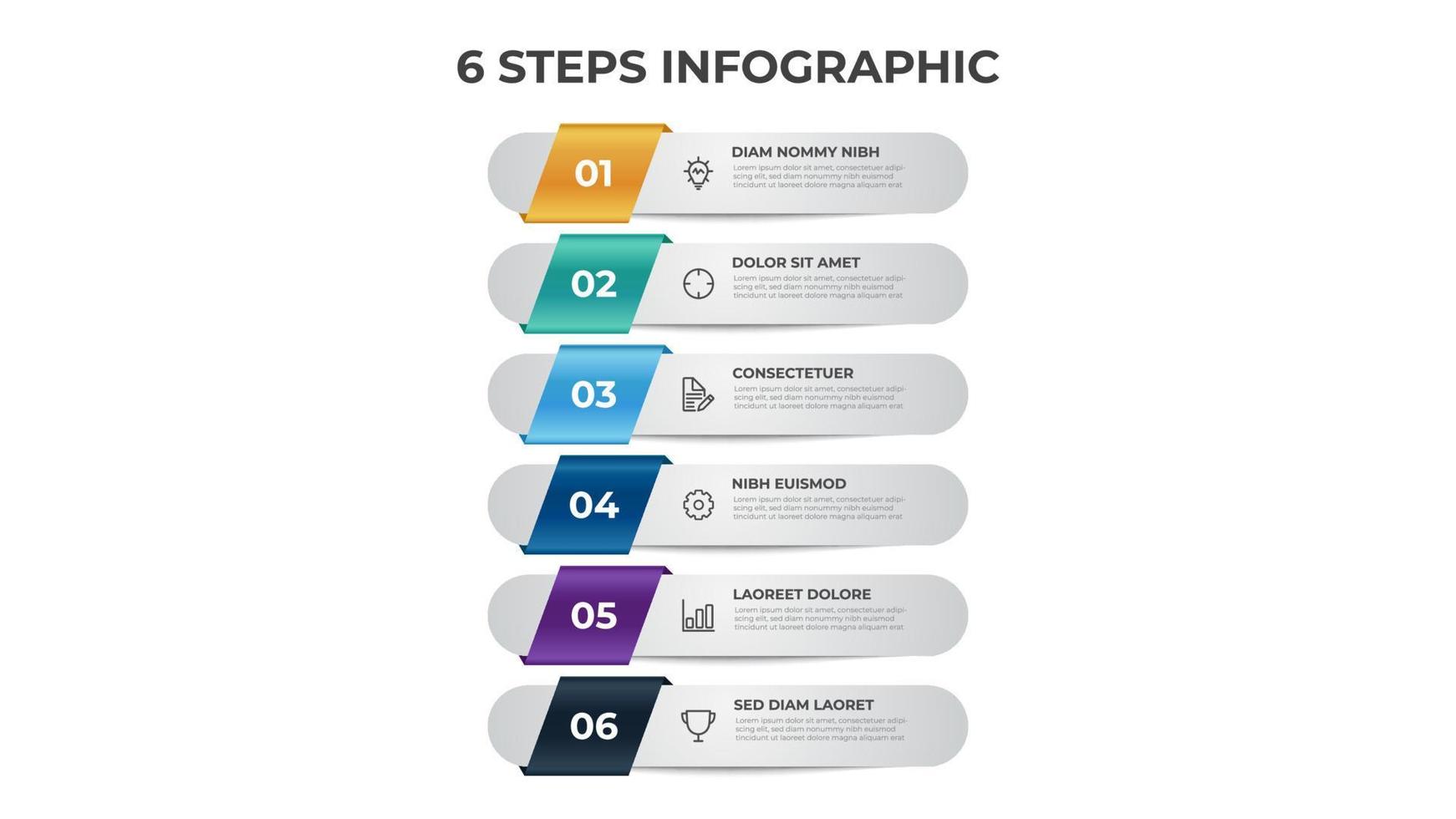 6 points of steps diagram, vertical list layout, infographic template vector. vector