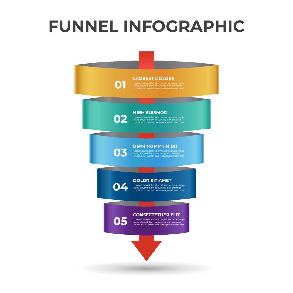 diagrama de embudo de ventas con flechas, 5 pasos y diseño de niveles con número, vector de plantilla infográfica.