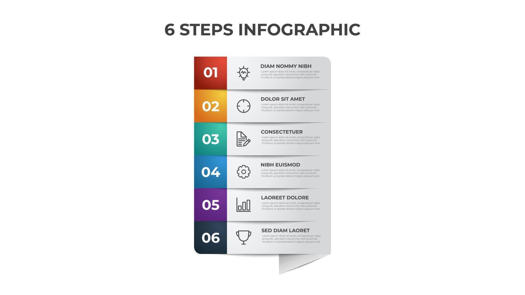 6 list of steps, row layout diagram with number sequence, infographic element template vector