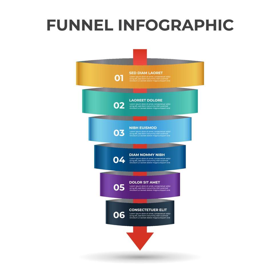 Sales funnel diagram with arrows, 6 steps and levels layout with number, infographic template vector. vector