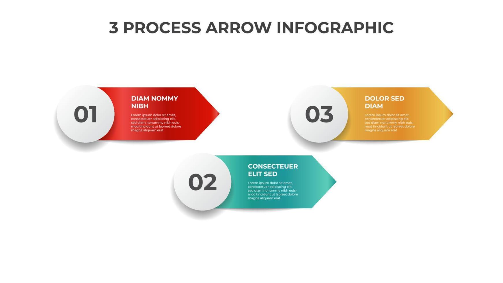 3 puntos de flecha de proceso, diagrama de lista para presentación, vector de plantilla de elemento infográfico