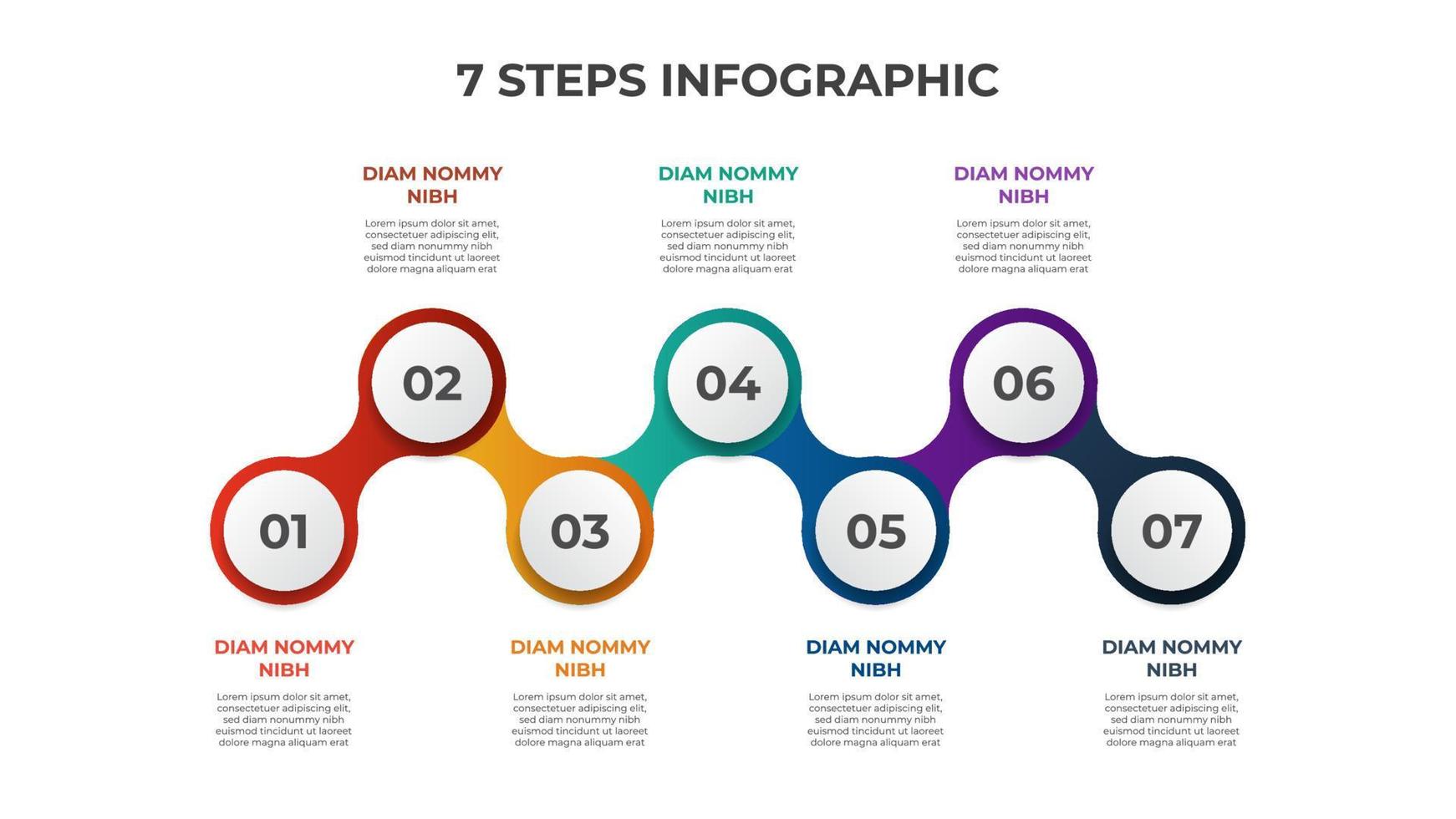 7 points of steps, connected circle diagram with number of sequence, infographic element template vector