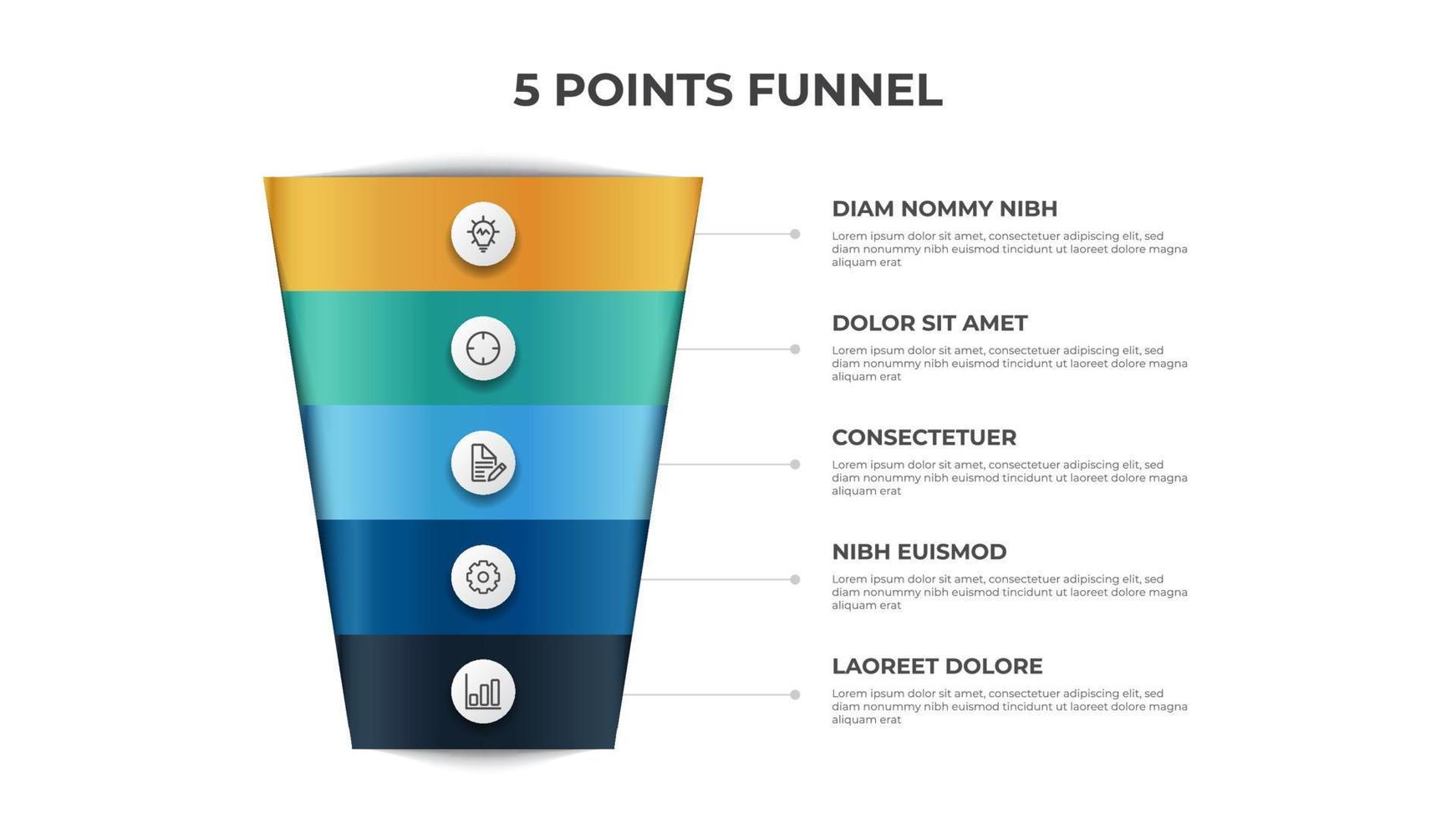 gráfico de embudo con 5 puntos, vector de plantilla de elemento infográfico, se puede utilizar para marketing, ventas, flujo de proceso
