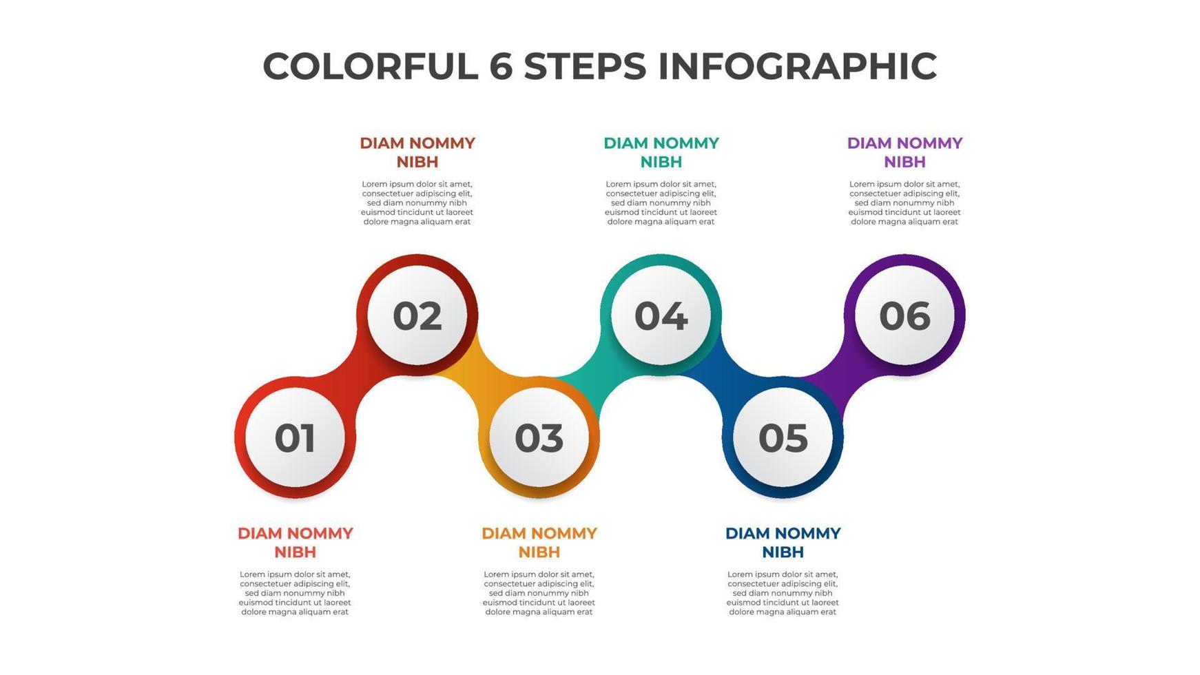 6 points of steps, connected circle diagram with number of sequence, infographic element template vector