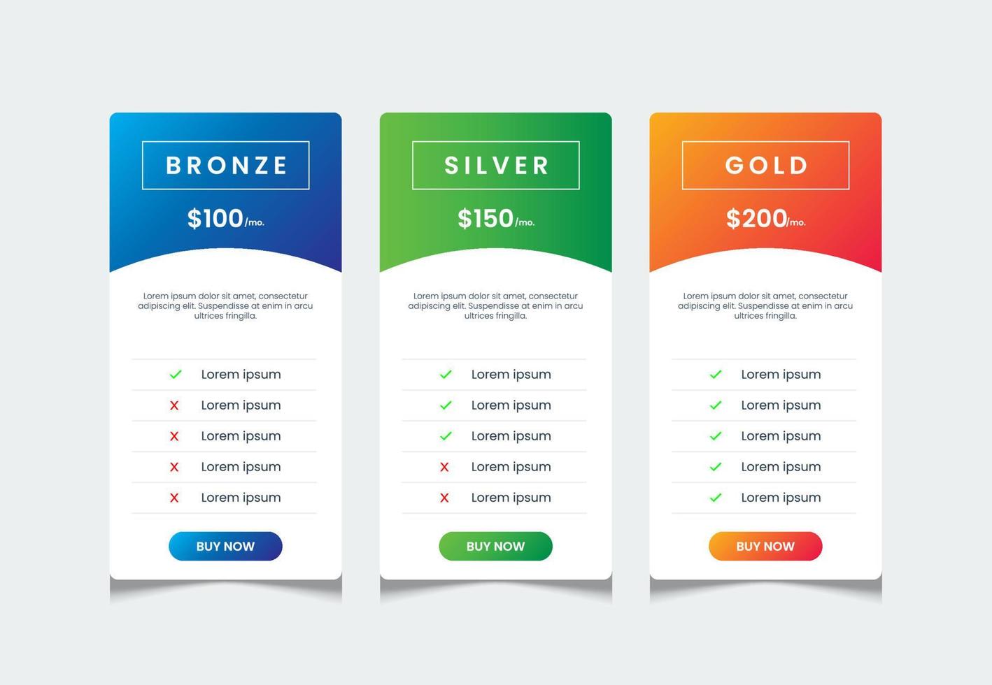 3 columns of price list table desing template, comparative table, infographic tariff vector