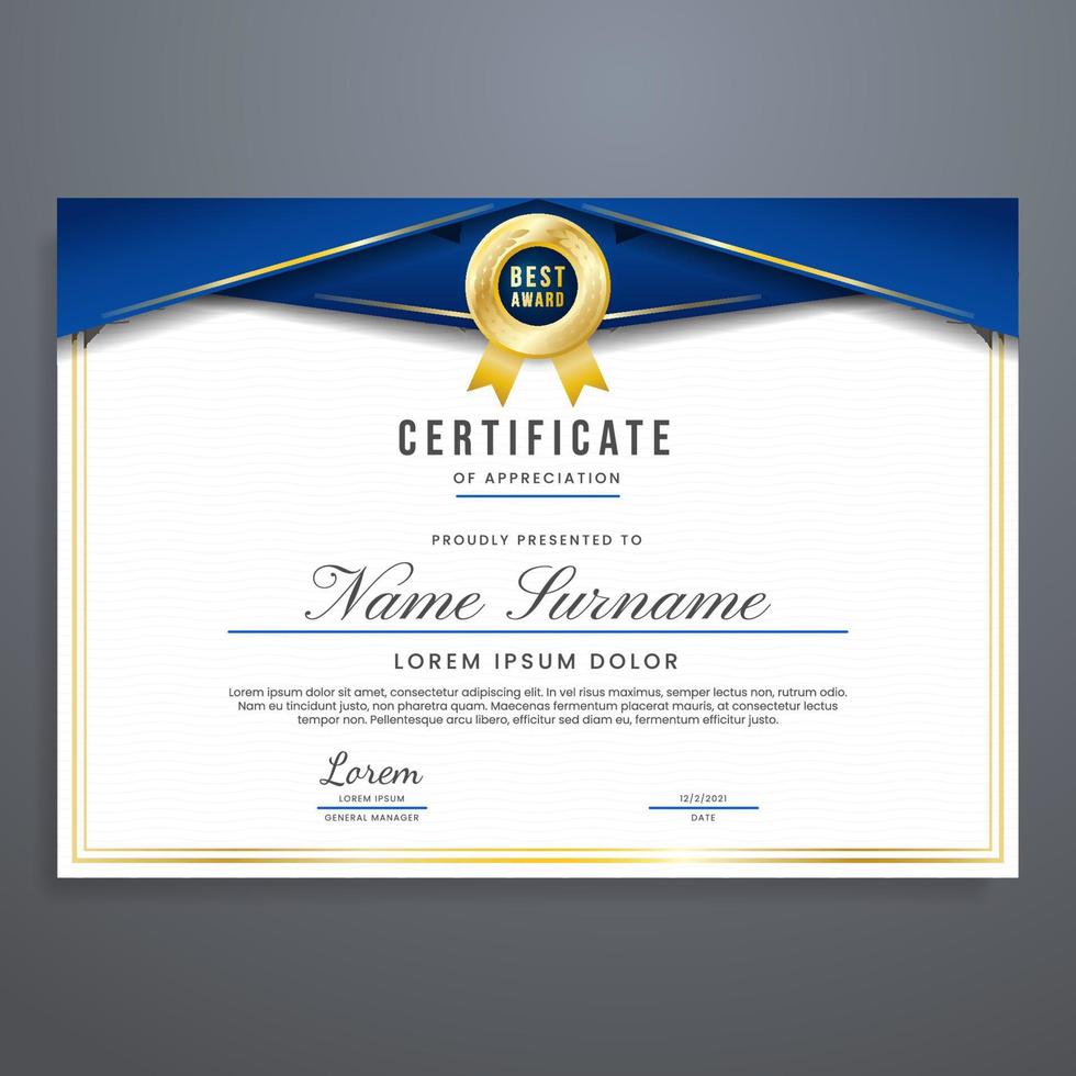 Certificate design template vector with blue and gold colors, multipurpose, can be used for appreciation, attendance, diploma, etc.