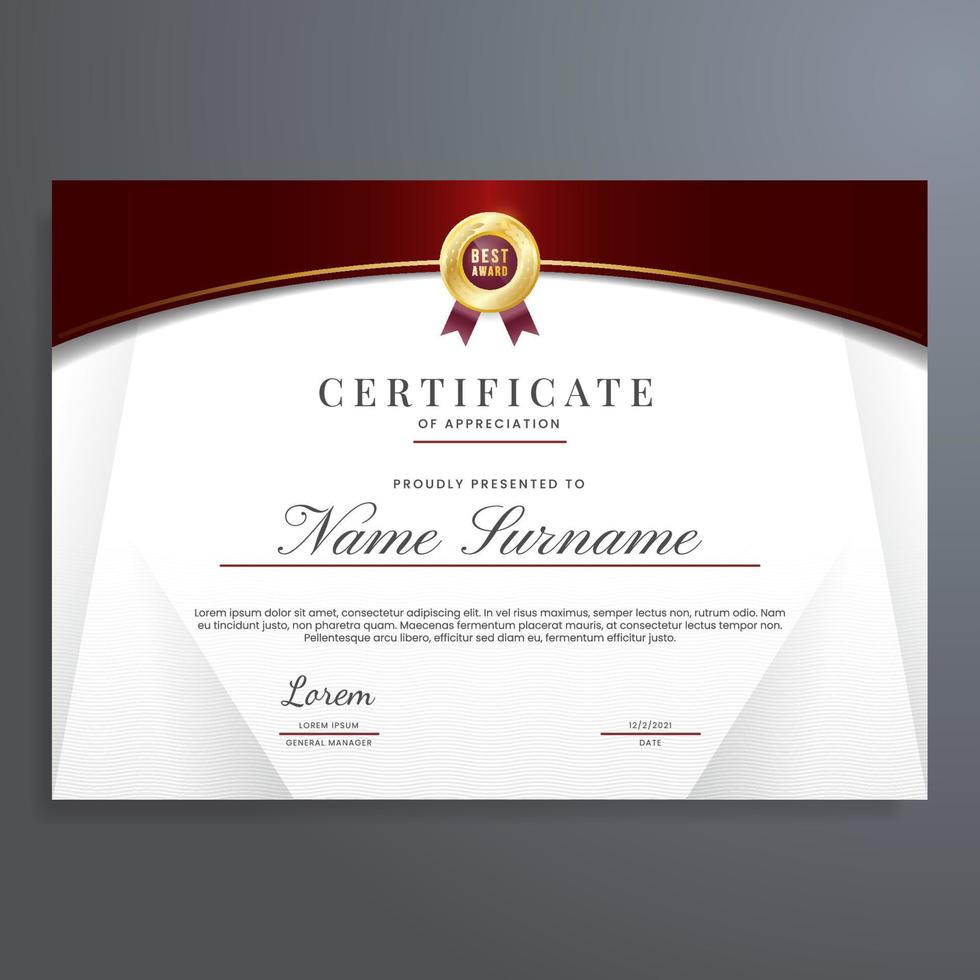 plantilla de certificado de reconocimiento con color dorado y rojo, diseño simple y elegante vector