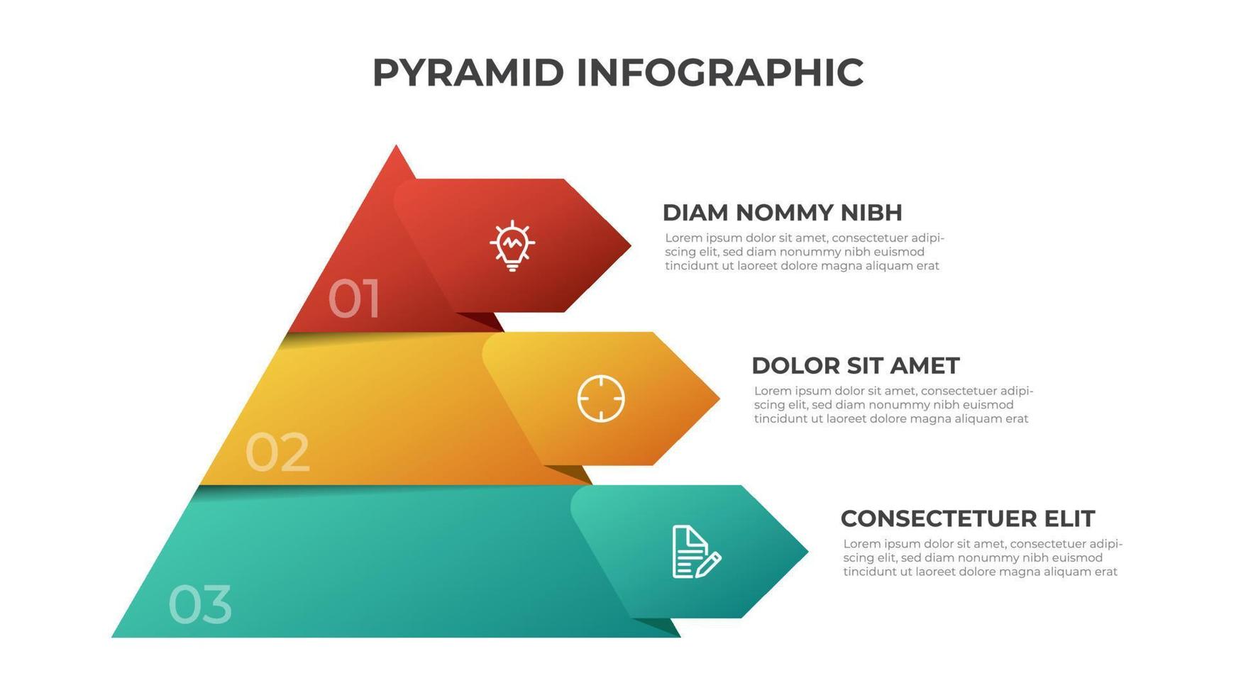 vector de plantilla infográfica piramidal con 3 listas, opciones, diagrama de niveles. elemento de diseño para presentación, pancarta, folleto, etc.