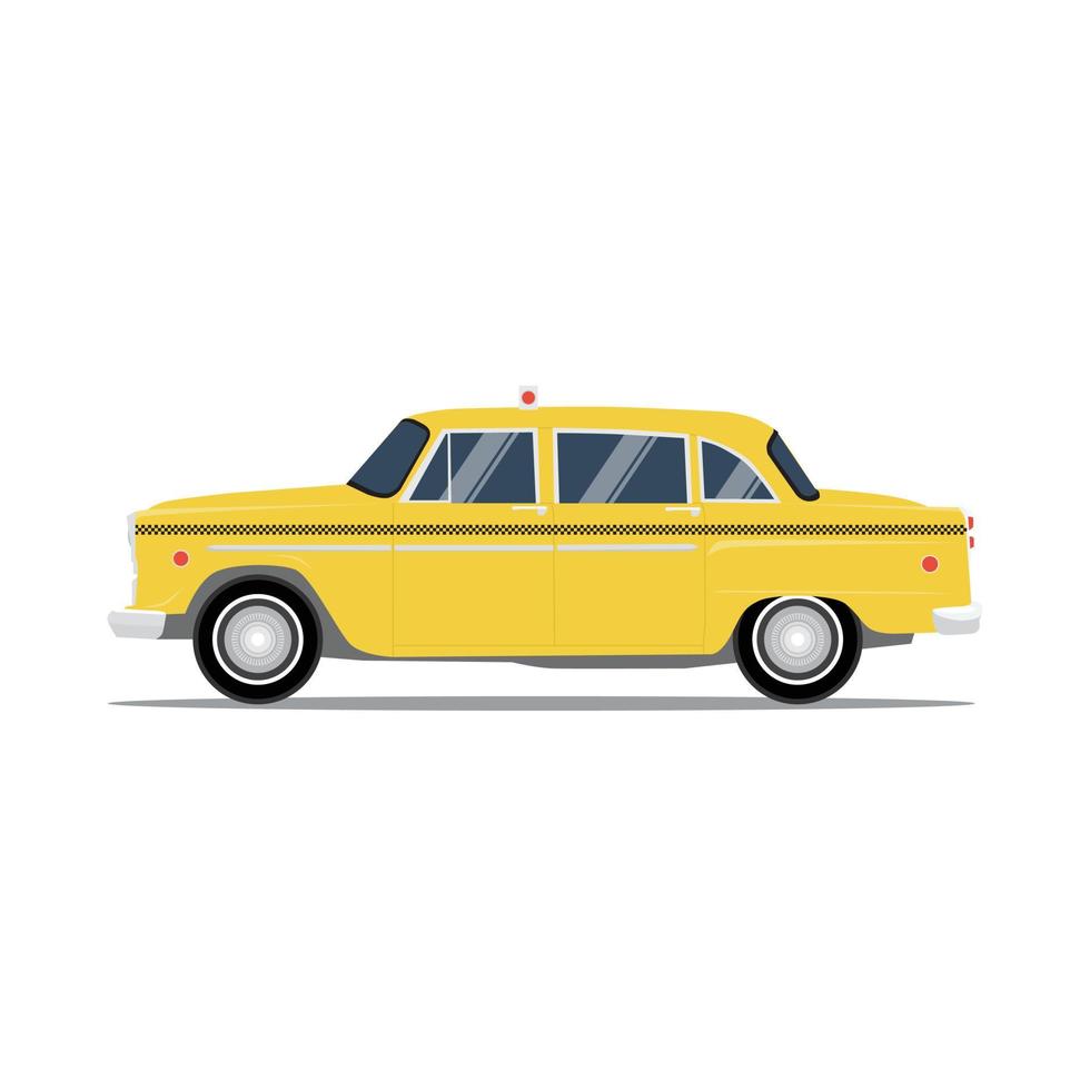 Ilustración de vector de vista lateral de taxi amarillo retro. estilo plano de transporte comercial.