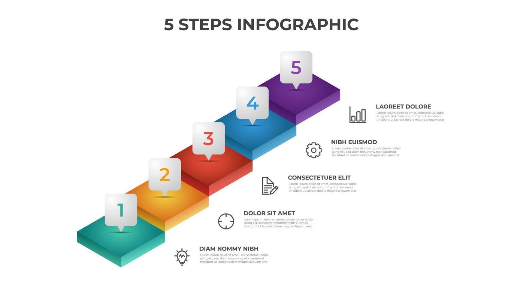 Plantilla infográfica de 5 pasos con escaleras, elemento de diseño para flujo de trabajo de presentación, diagrama, etc. vector