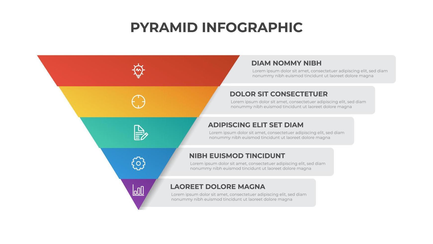 Diagrama de lista de 5 puntos de pirámide, diseño de nivel segmentado de triángulo, vector de plantilla de elemento infográfico