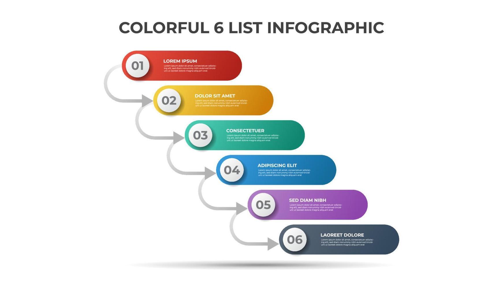 6 points of list or steps diagram with arrows, infographic element template vector. vector