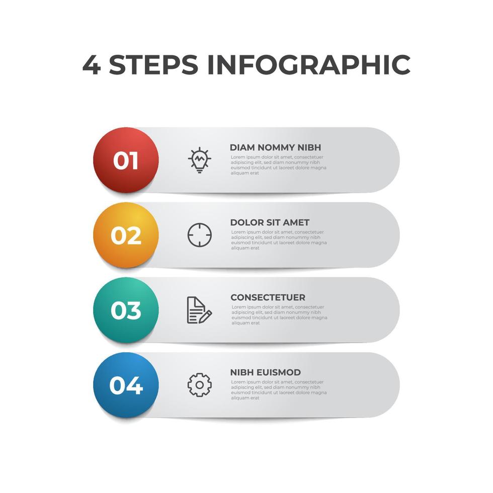 4 row list of steps, layout diagram with number of sequence and icons, infographic element template vector