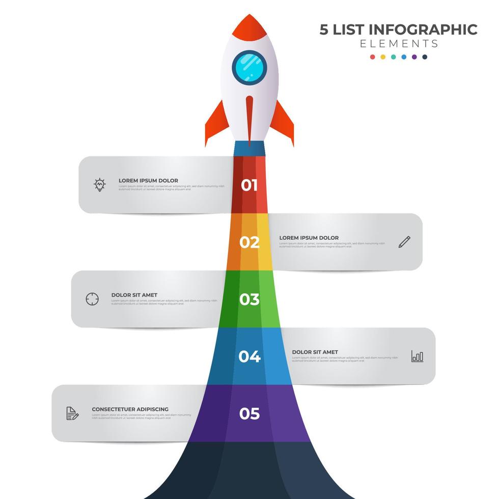List diagram with 5 number points of step, sequence, colorful rocket launch startup, infographic element template vector. vector