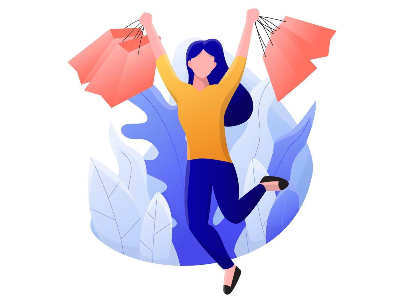 caricatura de una joven feliz saltando con 4 bolsas de compras en sus manos durante la venta o descuento en el mercado, ilustración vectorial plana. vector