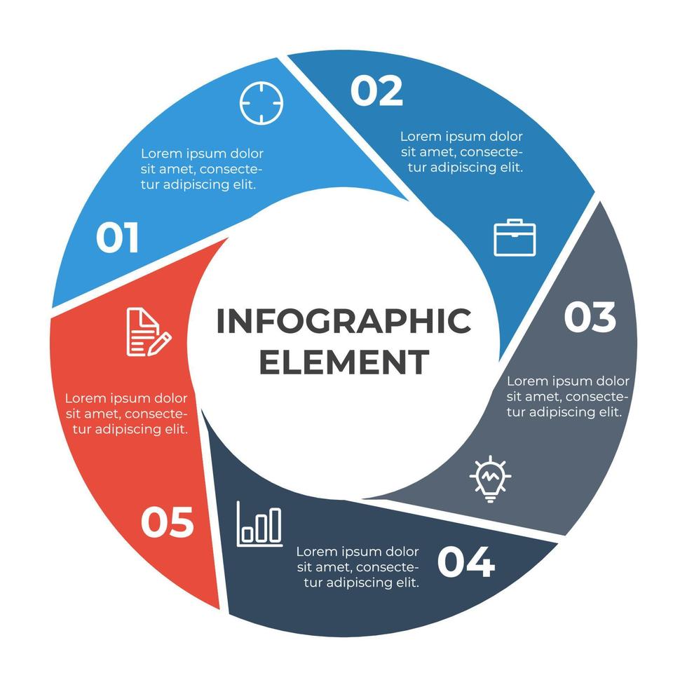 vector de elemento infográfico circular con 5 opciones, pasos, lista, partes. se puede usar para flujo de trabajo, línea de tiempo, pancarta, folleto, publicación en redes sociales, etc.