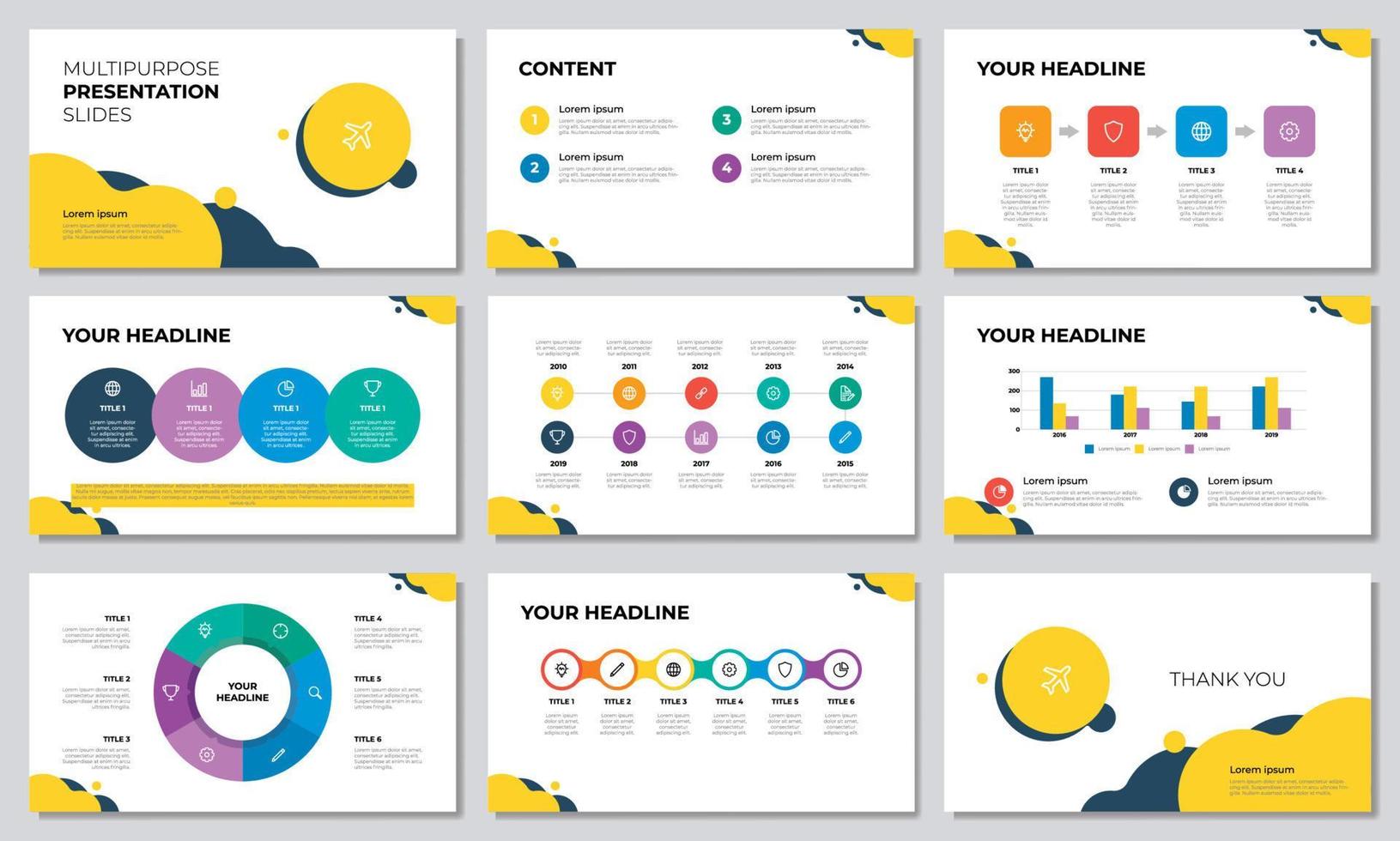 plantilla de presentación colorida. conjunto de vectores de elementos infográficos con pasos, opciones, línea de tiempo, flujo de trabajo, círculo, gráfico. se puede utilizar para folletos, volantes, pancartas, marketing, publicidad, informe anual