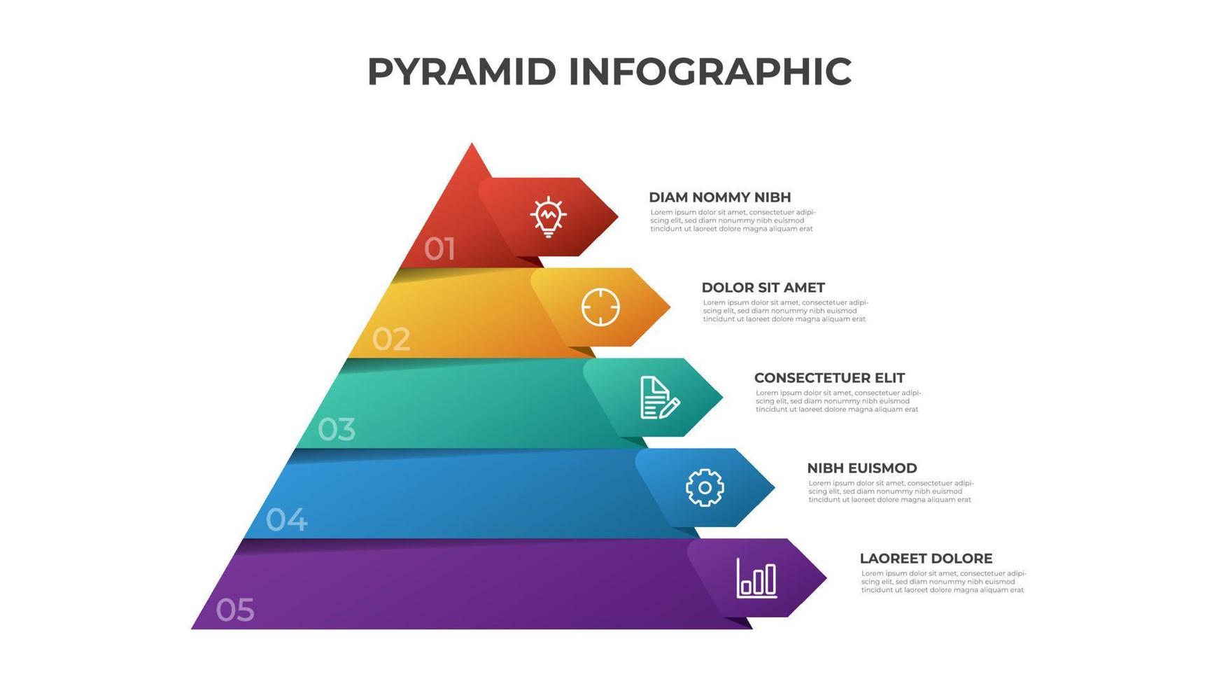 vector de plantilla infográfica piramidal con 5 listas, opciones, diagrama de niveles. elemento de diseño para presentación, pancarta, folleto, etc.