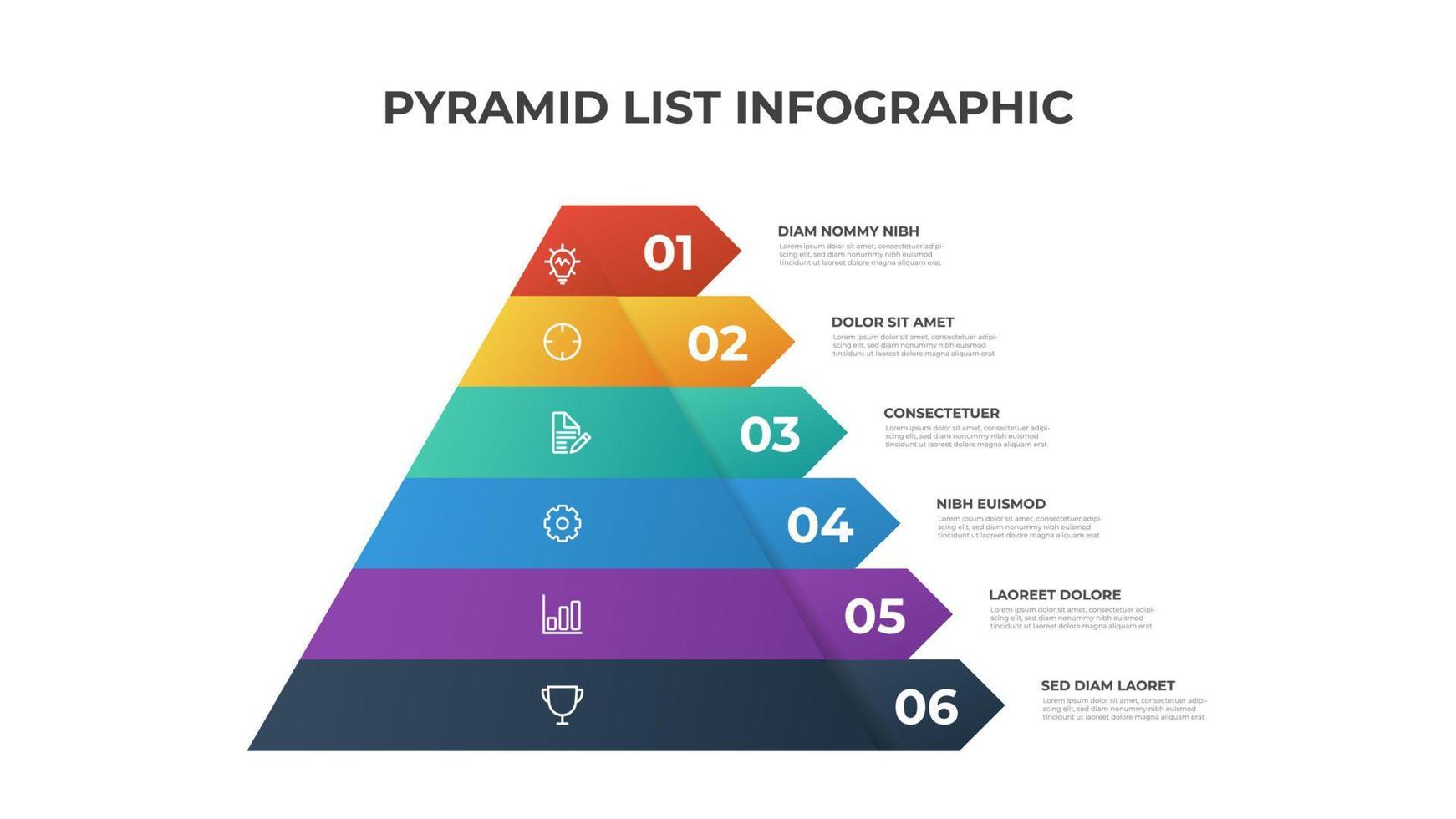 Pyramid infographic template vector with 6 list, layers, options, steps. Layout element for presentation, report, banner, etc.