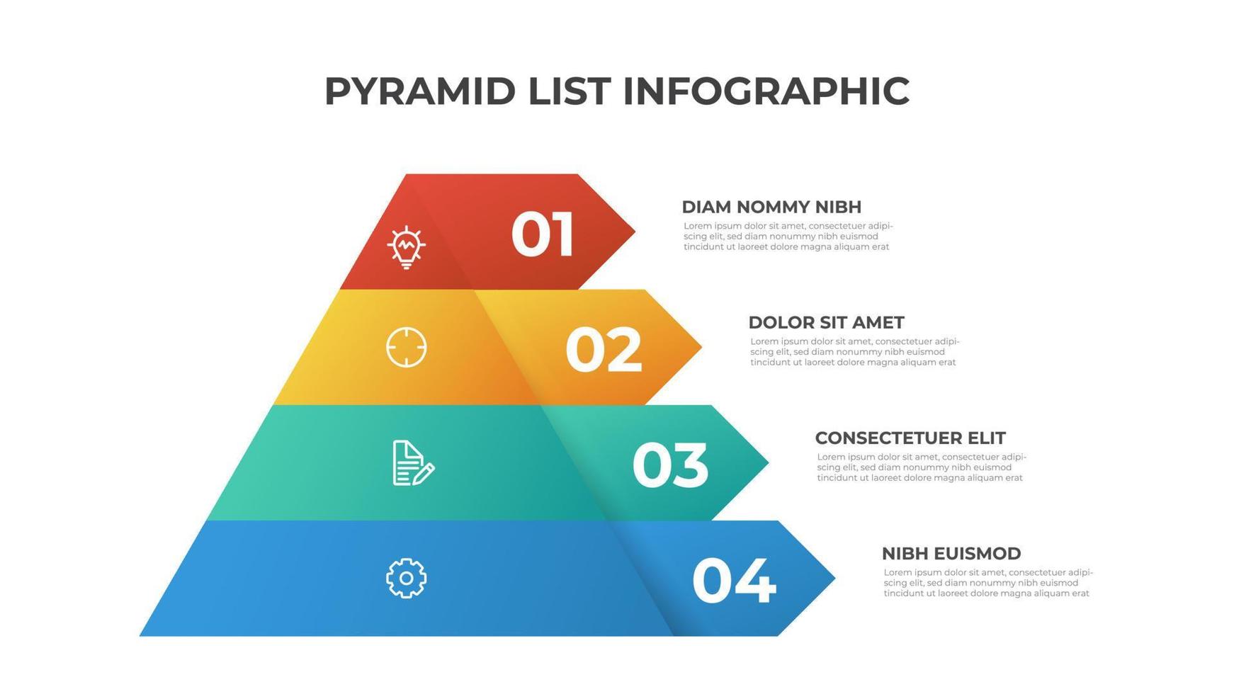 Pyramid infographic template vector with 4 list, layers, options, steps. Layout element for presentation, report, banner, etc.