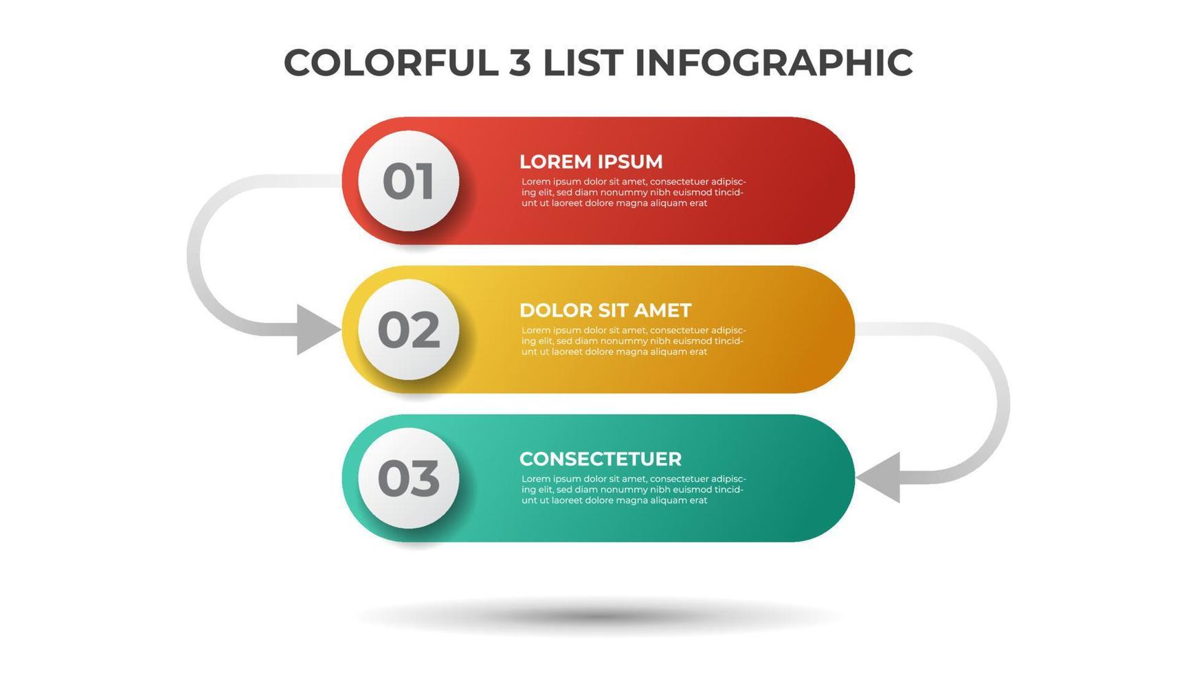 diseño colorido con 3 puntos de pasos o lista con flechas, vector de plantilla de elemento infográfico.