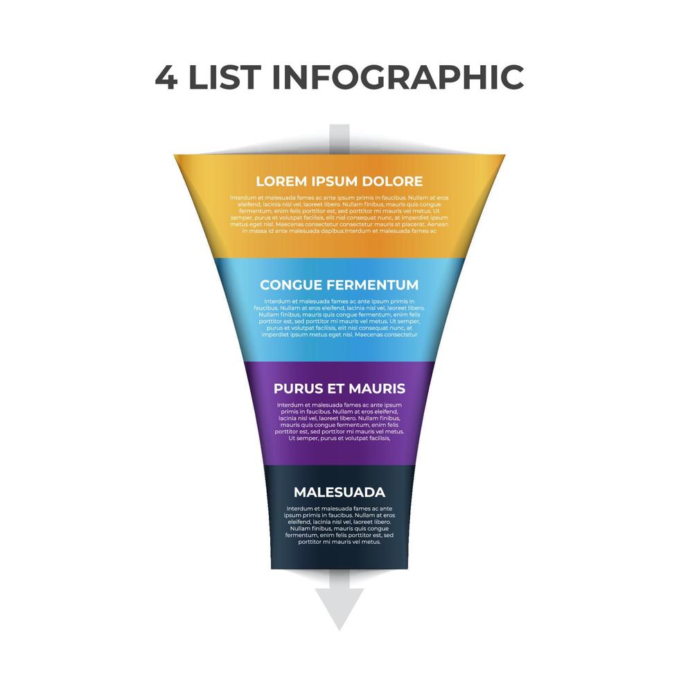 4 points, layers, options, step of list infographic element with funnel chart diagram vector
