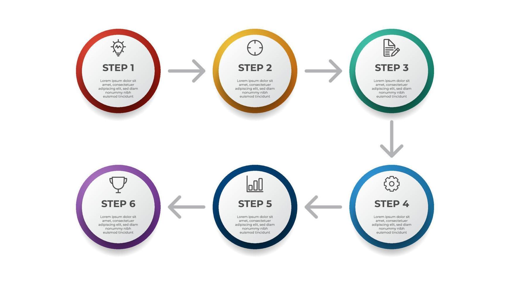 plantilla de elemento infográfico de círculo de negocios con 6 puntos u opciones, diagrama de pasos con vector de diseño de flechas