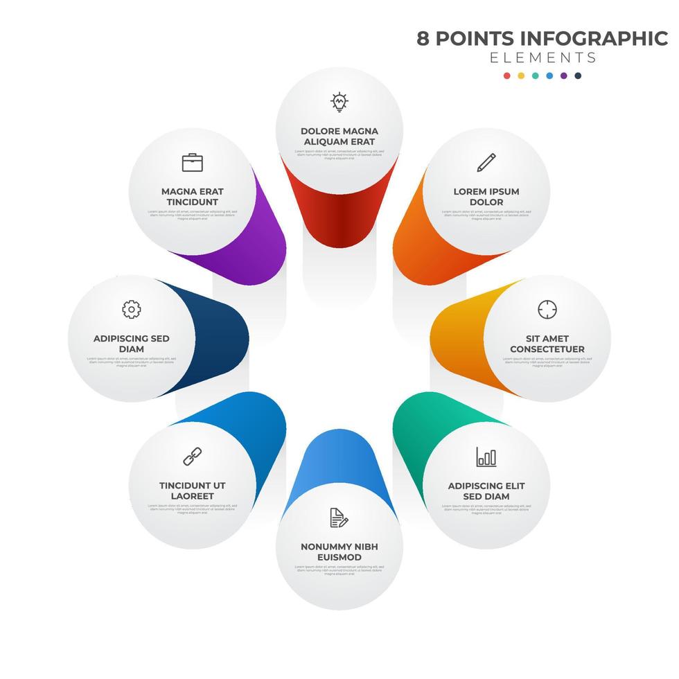 Elemento infográfico circular de 8 puntos, diagrama de diseño de ciclo con icono y color colorido, se puede utilizar para presentación, banner, etc. vector