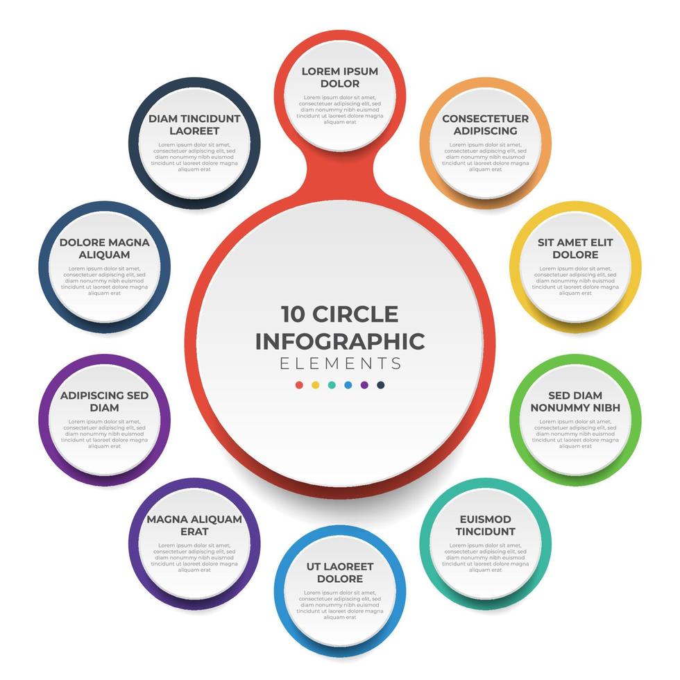 Circular layout diagram with 10 points of steps, sequence, colorful circle infographic element template vector. vector