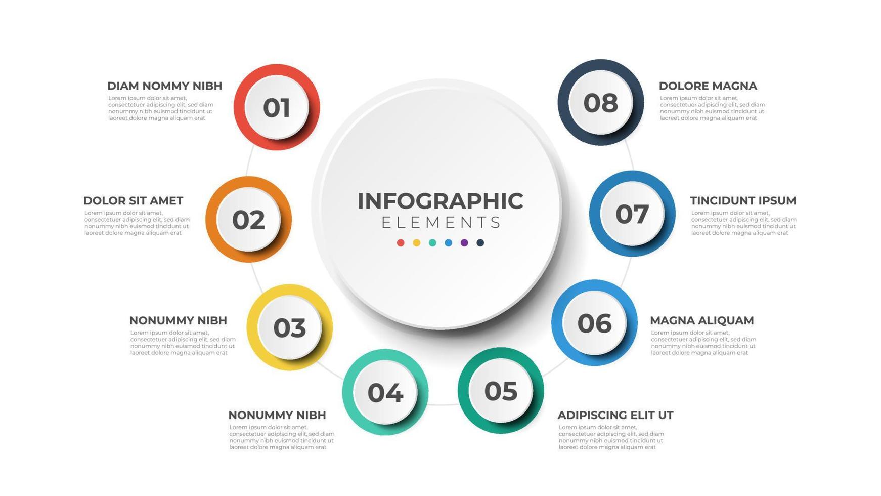 8 list of steps, circular layout diagram with number of sequence, infographic element template vector