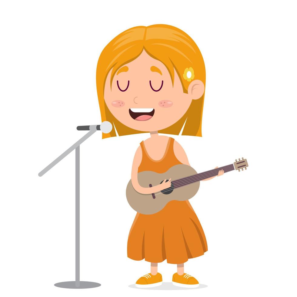 little girl singing and playing guitar, music performance by kid, cartoon vector illustration