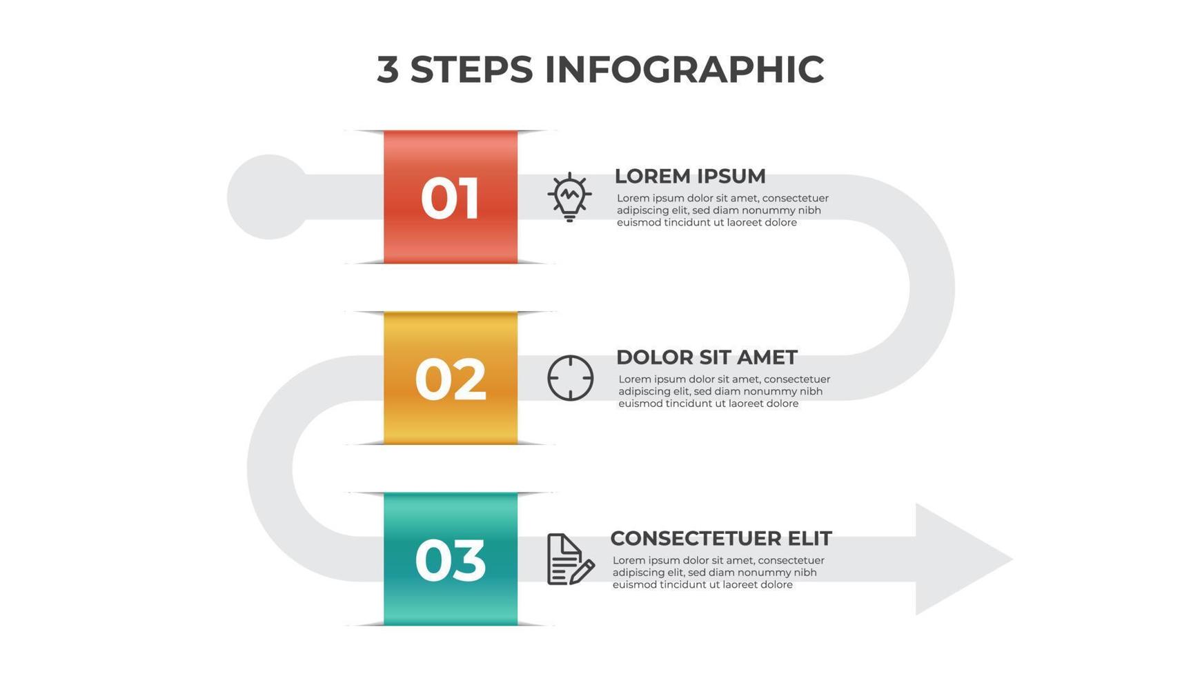 3 puntos de pasos, vector de diseño de diagrama de flujo de lista de flechas, elemento de plantilla de infografía